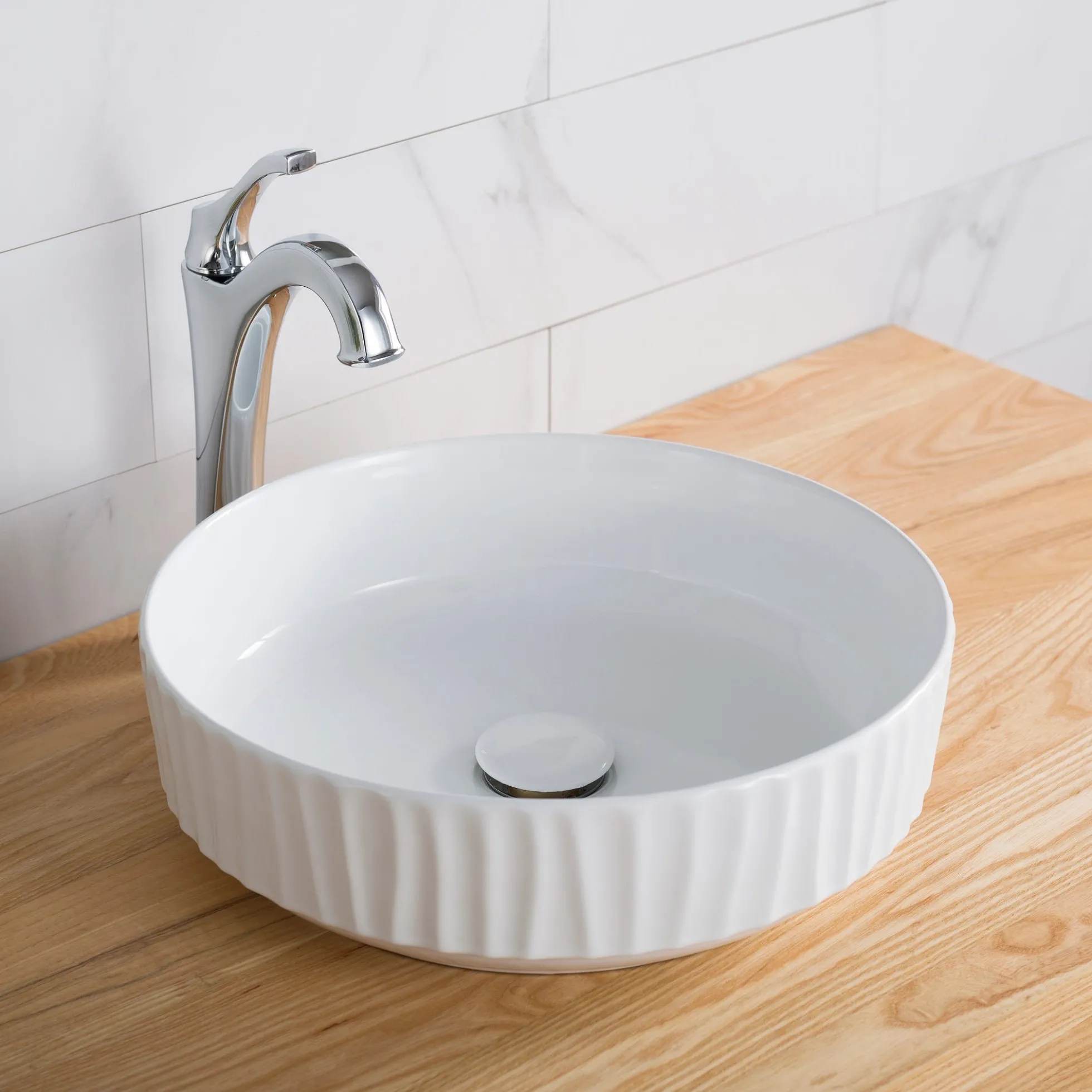 15 3/4" Round Vessel Ceramic Bathroom Sink in White with Pop-Up Drain