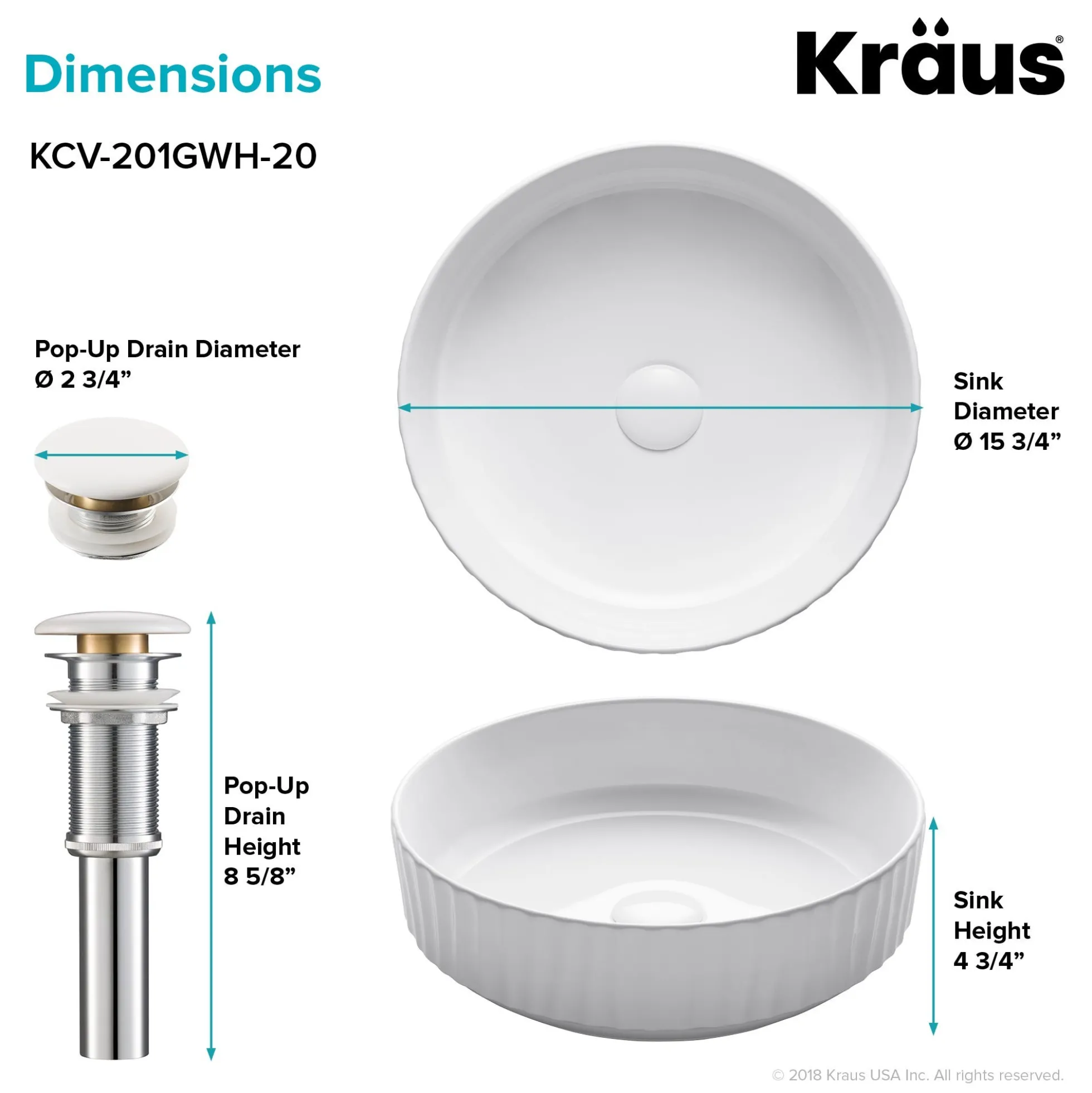 15 3/4" Round Vessel Ceramic Bathroom Sink in White with Pop-Up Drain