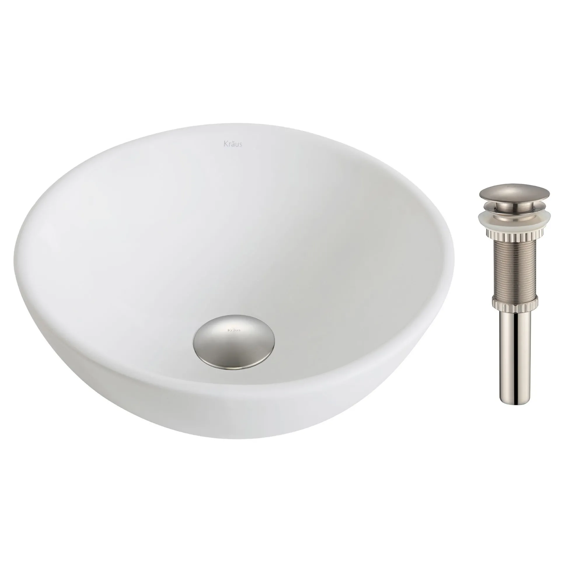 14" Round Vessel Ceramic Bathroom Sink in White with Pop-Up Drain in Brushed Nickel