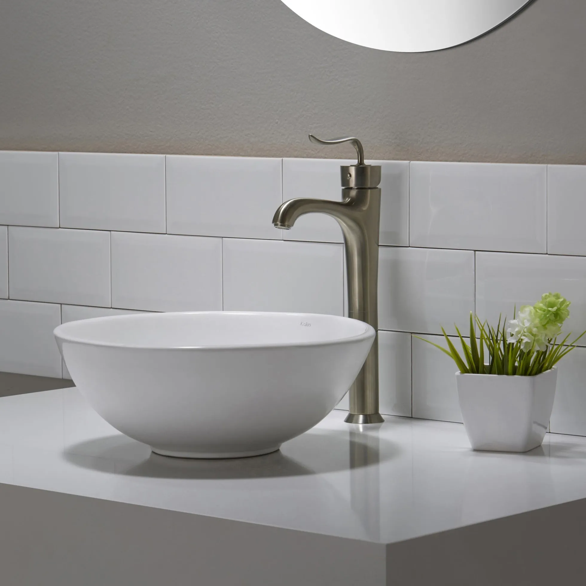 14" Round Vessel Ceramic Bathroom Sink in White with Pop-Up Drain in Brushed Nickel