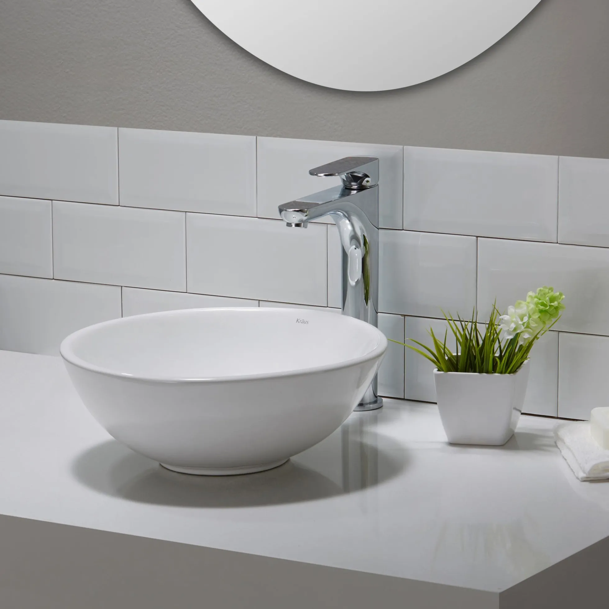 14" Round Vessel Ceramic Bathroom Sink in White with Pop-Up Drain in Oil Rubbed Bronze
