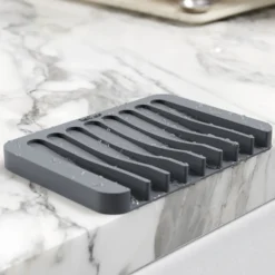 Self-Draining Silicone Dish Drying Mat or Trivet and Silicone Soap Dish / Sponge Holder for Bathroom or Kitchen Counter in Dark Grey