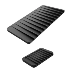 Self-Draining Silicone Dish Drying Mat or Trivet and Silicone Soap Dish / Sponge Holder for Bathroom or Kitchen Counter in Black