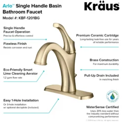 Single Handle Basin Bathroom Faucet with Lift Rod Drain and Deck Plate in Brushed Gold
