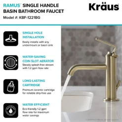 Single Handle Basin Bathroom Faucet with Lift Rod Drain in Brushed Gold