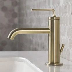 Single Handle Basin Bathroom Faucet with Lift Rod Drain in Brushed Gold