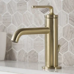 Single Handle Basin Bathroom Faucet with Lift Rod Drain in Brushed Gold