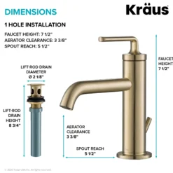 Single Handle Basin Bathroom Faucet with Lift Rod Drain in Brushed Gold