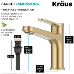 Single Handle Bathroom Faucet in Spot-Free Brushed Brass with Pop Up Drain and Supply Lines