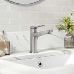 Single Handle Bathroom Faucet in Spot-Free Brushed Nickel with Pop Up Drain and Supply Lines
