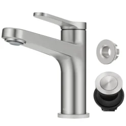 Single Handle Bathroom Faucet in Spot-Free Brushed Nickel with Pop Up Drain and Supply Lines