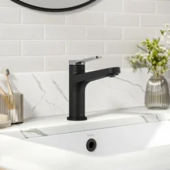 Single Handle Bathroom Faucet in Spot-Free Brushed Nickel / Matte Black with Pop Up Drain and Supply Lines