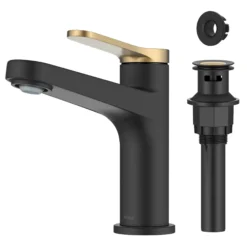 Single Handle Bathroom Faucet in Spot-Free Brushed Brass / Matte Black with Pop Up Drain and Supply Lines