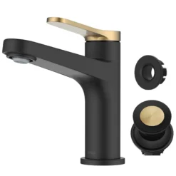 Single Handle Bathroom Faucet in Spot-Free Brushed Brass / Matte Black with Pop Up Drain and Supply Lines