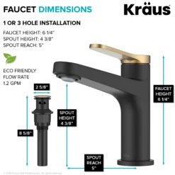 Single Handle Bathroom Faucet in Spot-Free Brushed Brass / Matte Black with Pop Up Drain and Supply Lines