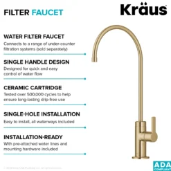 Single Handle Drinking Water Filter Faucet for Reverse Osmosis or Water Filtration System in Brushed Brass