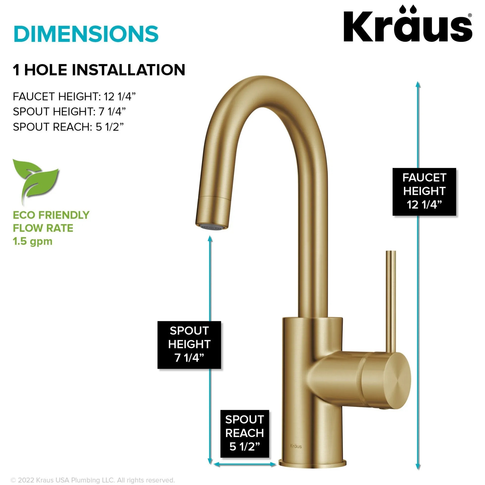 Single Handle Kitchen Bar Faucet with QuickDoc Top Mount Assembly in Brushed Brass
