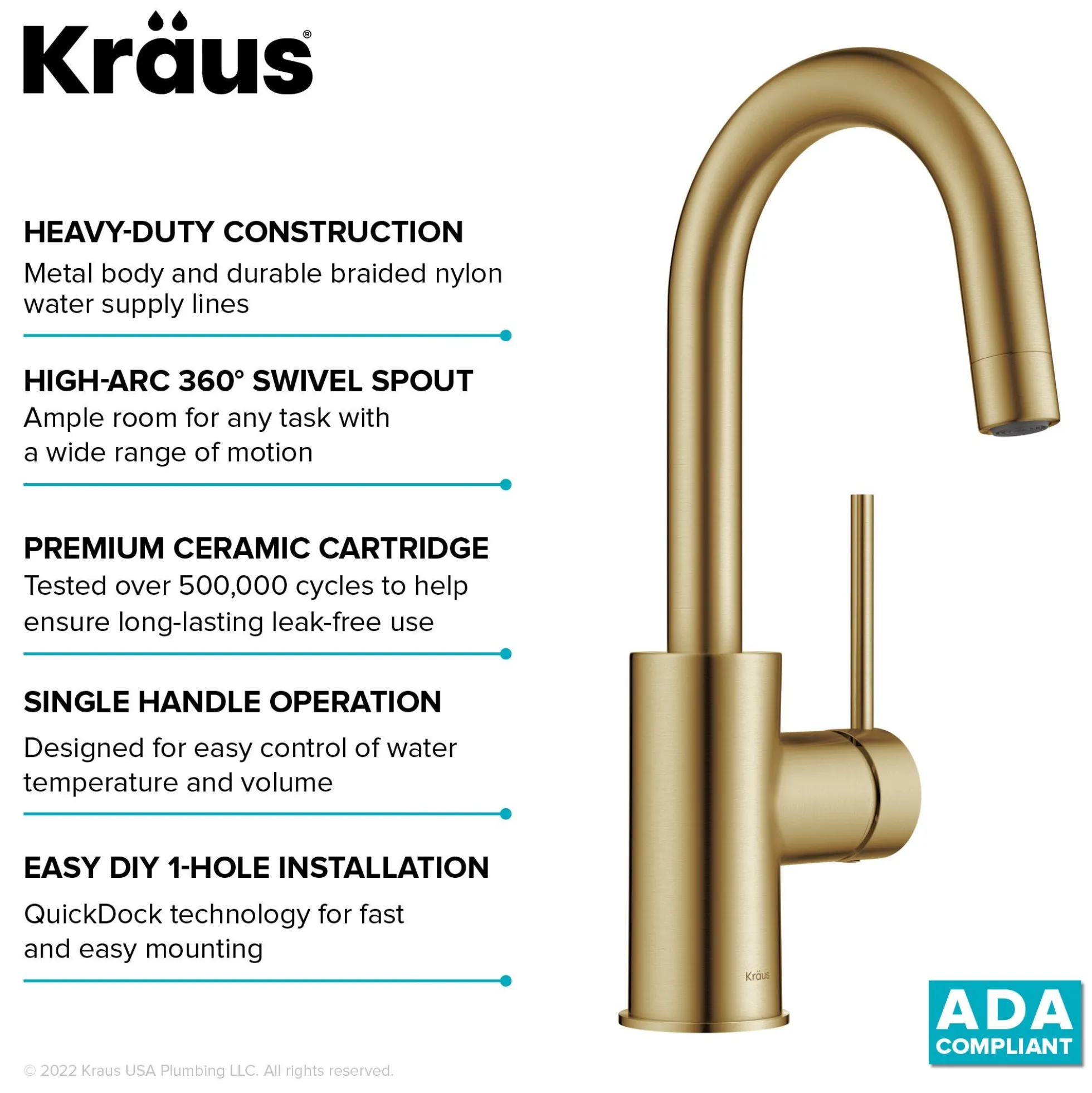 Single Handle Kitchen Bar Faucet with QuickDoc Top Mount Assembly in Brushed Brass