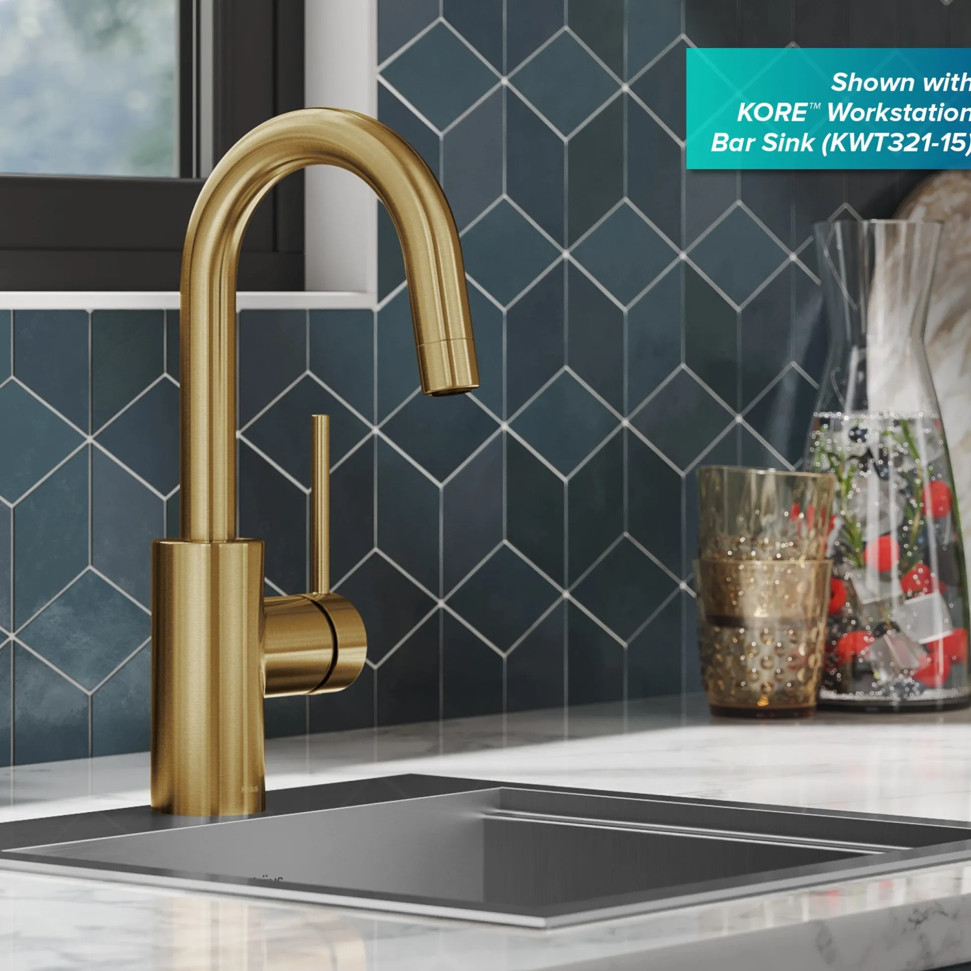 Single Handle Kitchen Bar Faucet with QuickDoc Top Mount Assembly in Brushed Brass