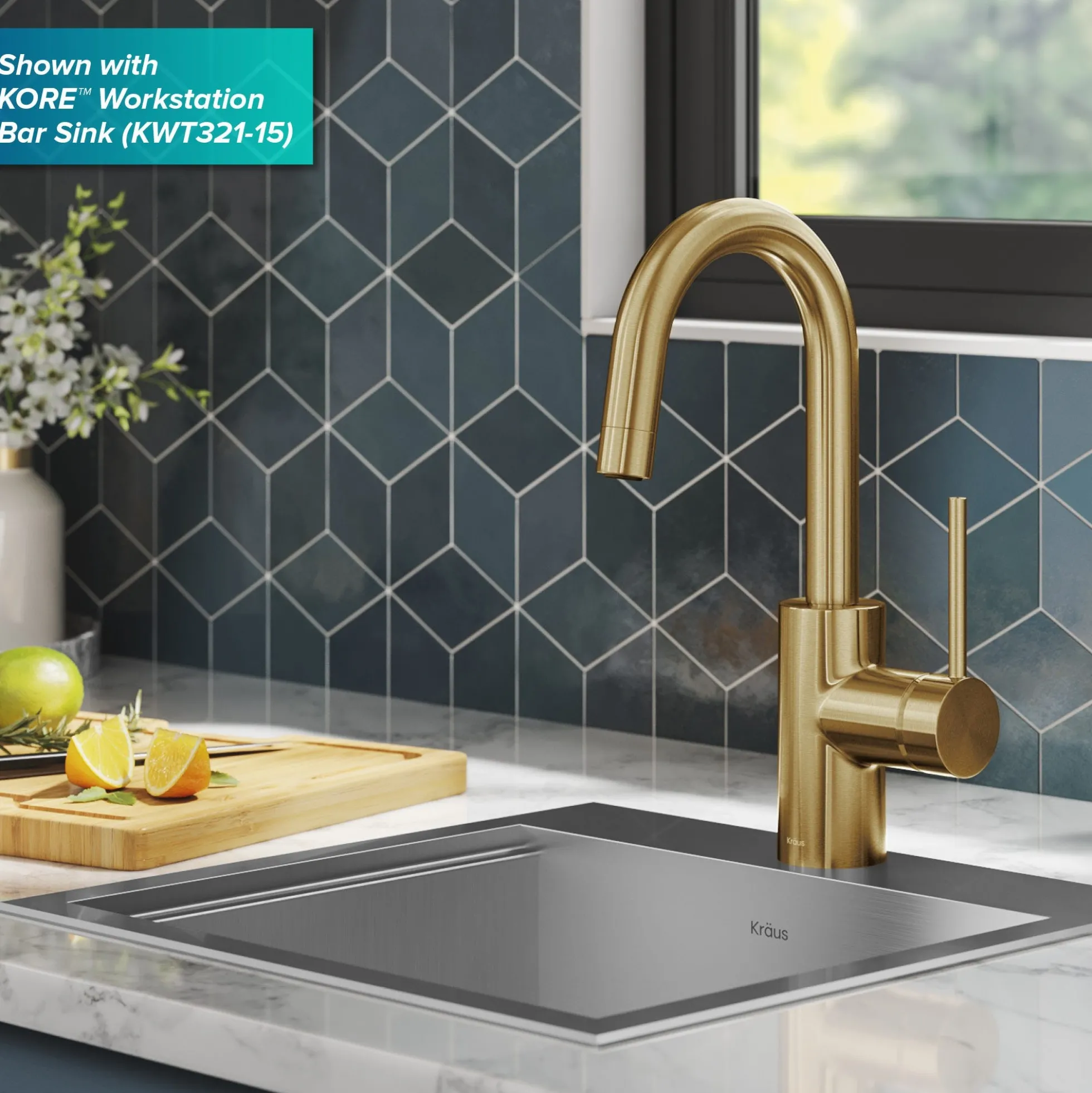 Single Handle Kitchen Bar Faucet with QuickDoc Top Mount Assembly in Brushed Brass
