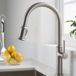 Single Handle Pull Down Kitchen Faucet with Deck Plate and Soap Dispenser in all-Brite Spot Free Stainless Steel