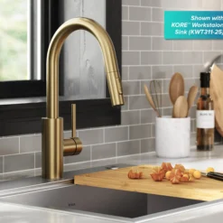 Single Handle Pull Down Kitchen Faucet with QuickDock Top Mount Installation Assembly in Spot Free Antique Champagne Bronze