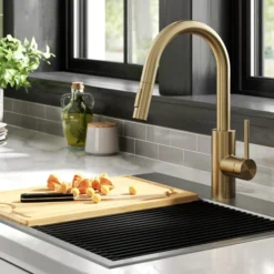 Single Handle Pull Down Kitchen Faucet with QuickDock Top Mount Installation Assembly in Spot Free Antique Champagne Bronze