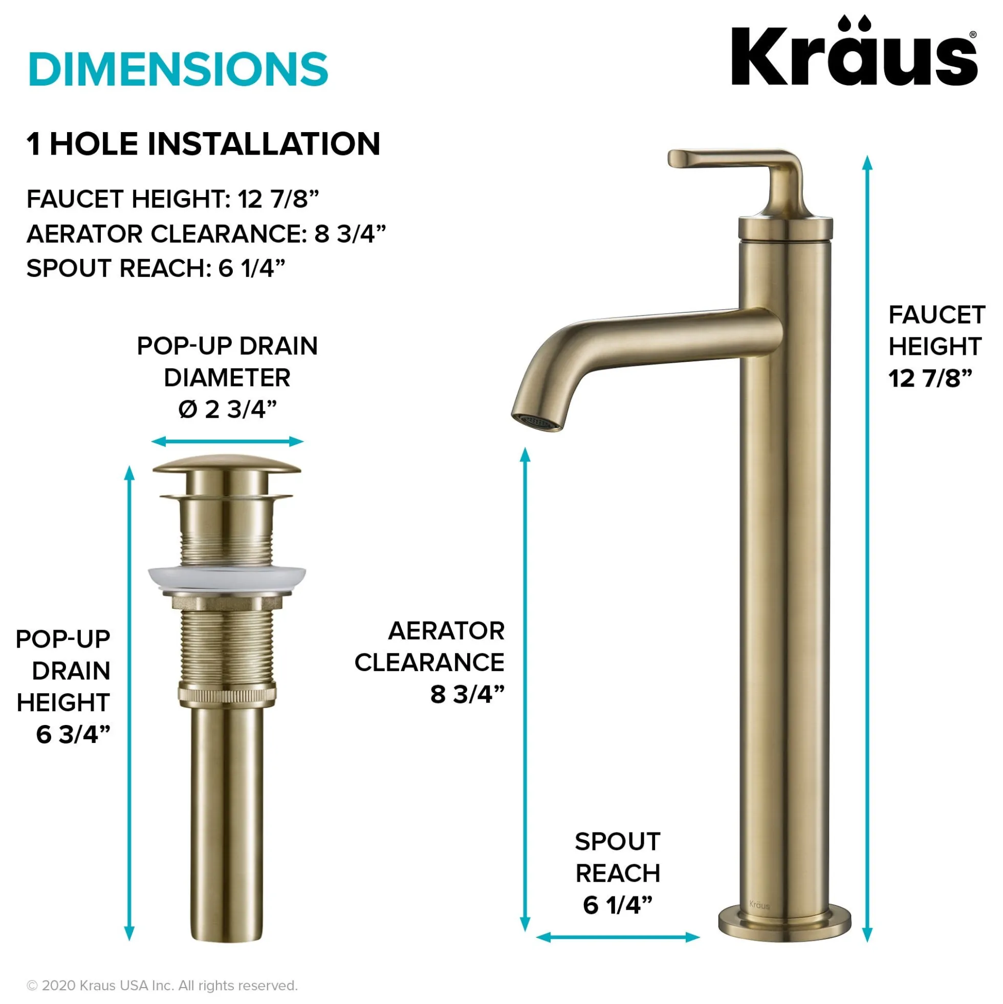 Single Handle Vessel Bathroom Faucet with Pop-Up Drain in Brushed Gold