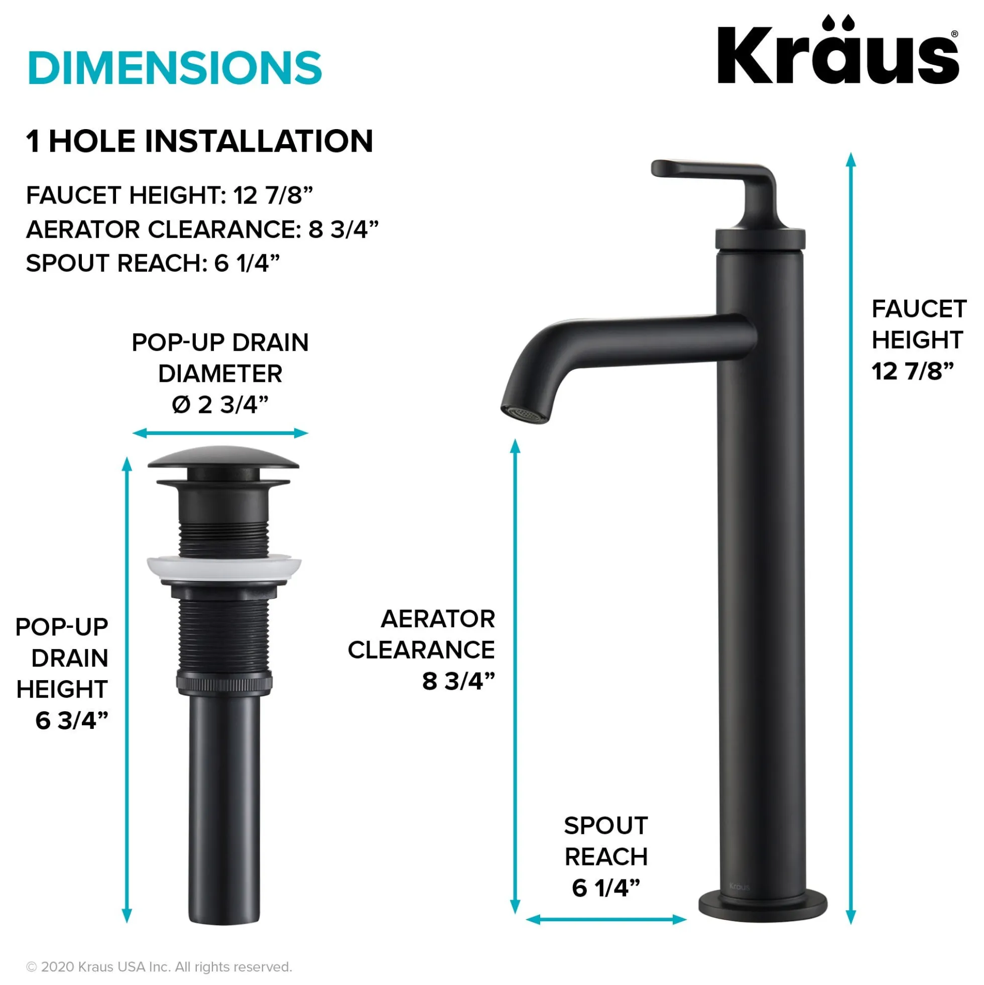 Single Handle Vessel Bathroom Faucet with Pop-Up Drain in Matte Black (2-Pack)