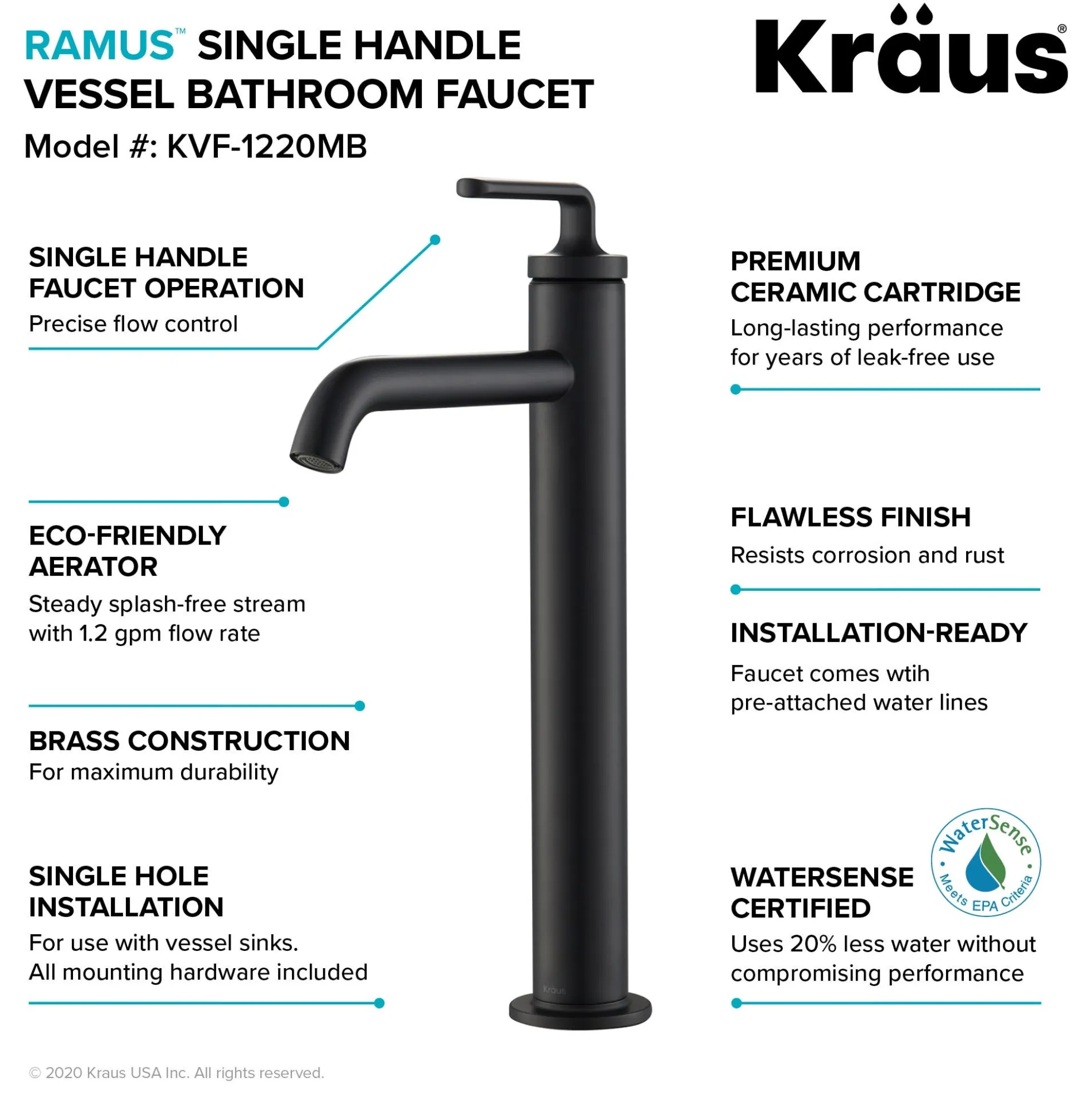 Single Handle Vessel Bathroom Faucet with Pop-Up Drain in Matte Black (2-Pack)