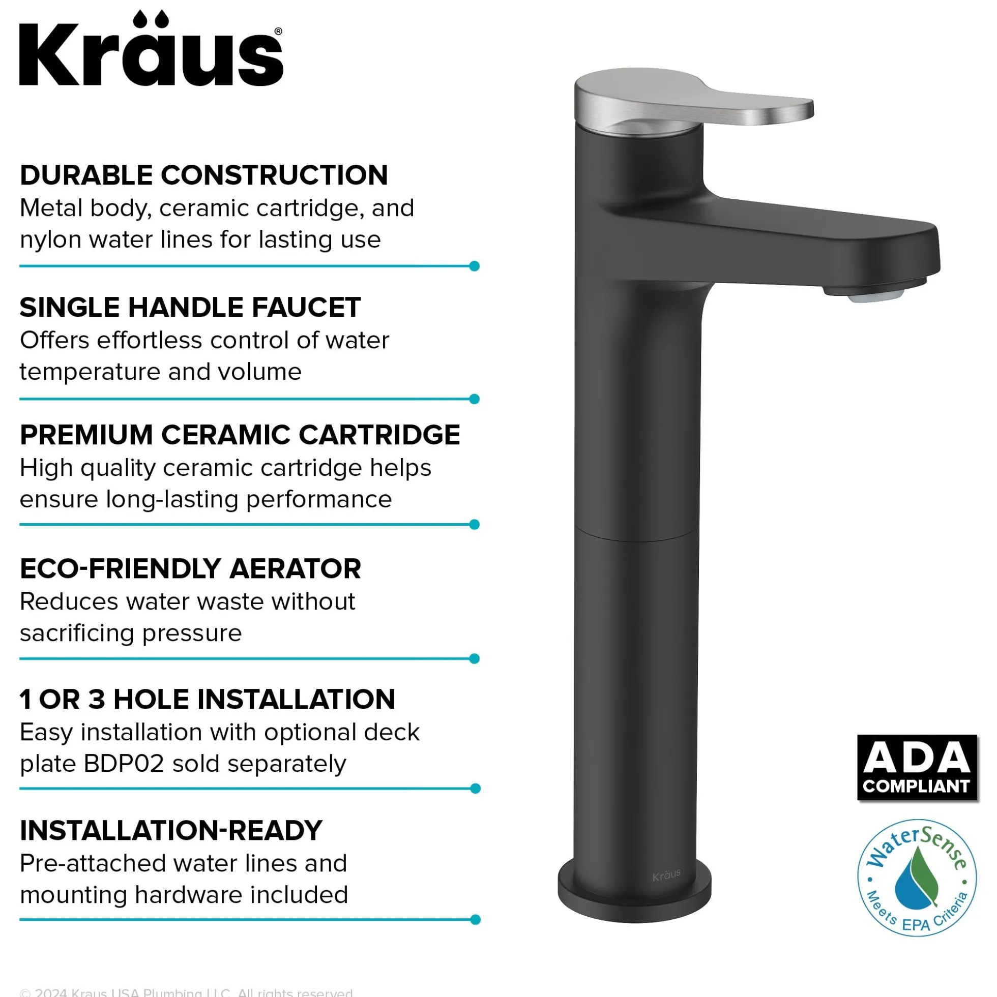 Single Handle Vessel Bathroom Faucet in Spot-Free Brushed Nickel / Matte Black with Pop Up Drain and Supply Lines