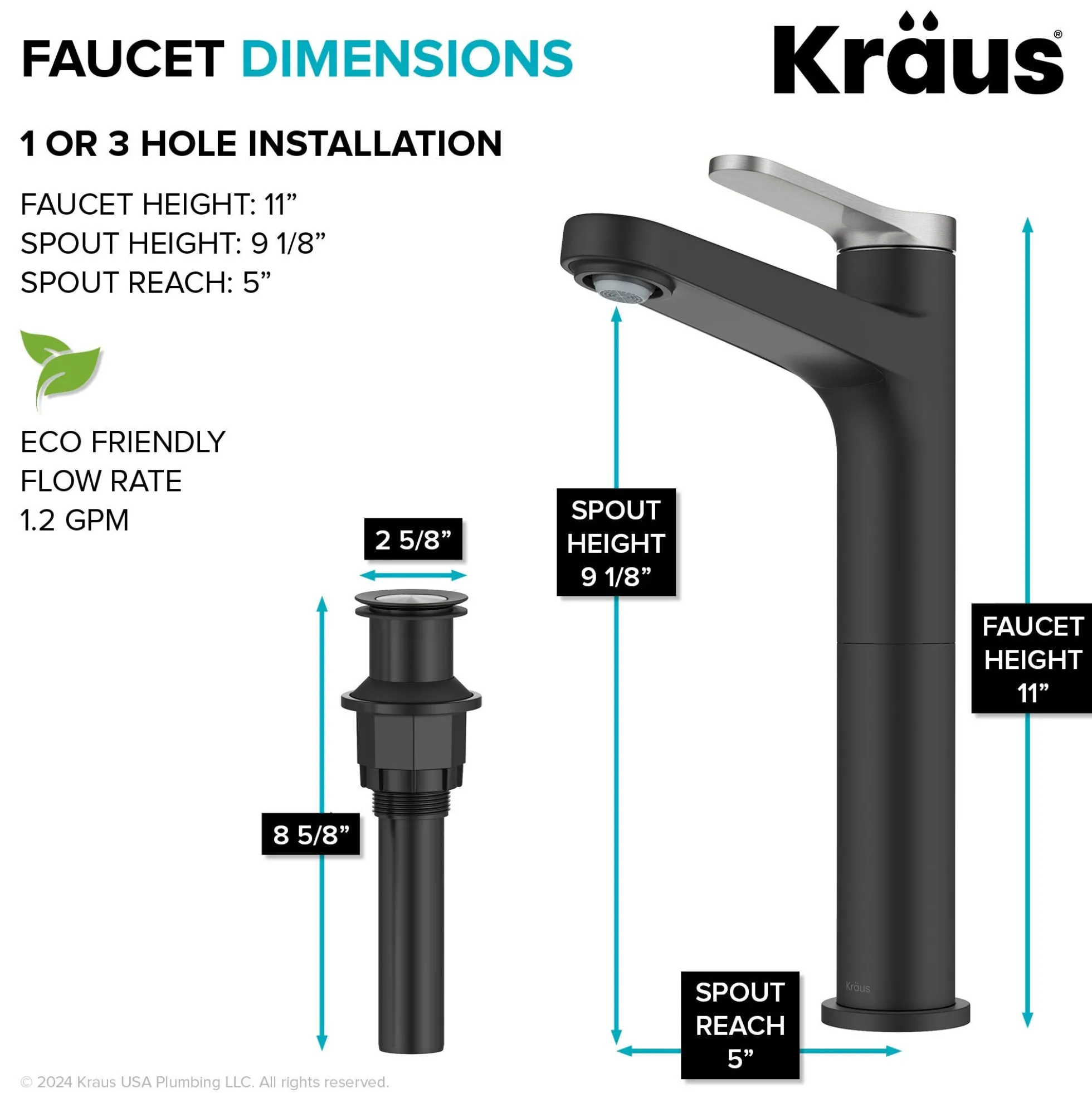 Single Handle Vessel Bathroom Faucet in Spot-Free Brushed Nickel / Matte Black with Pop Up Drain and Supply Lines