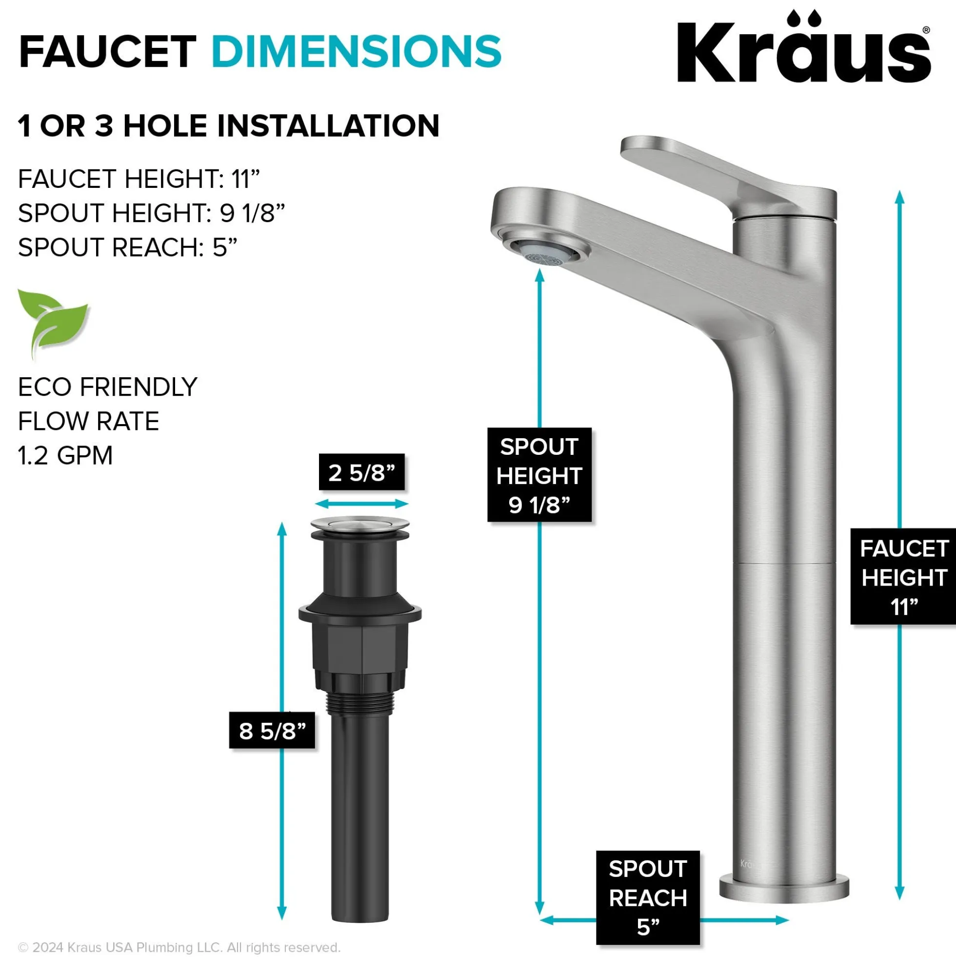Single Handle Vessel Bathroom Faucet in Spot-Free Brushed Nickel with Pop Up Drain and Supply Lines