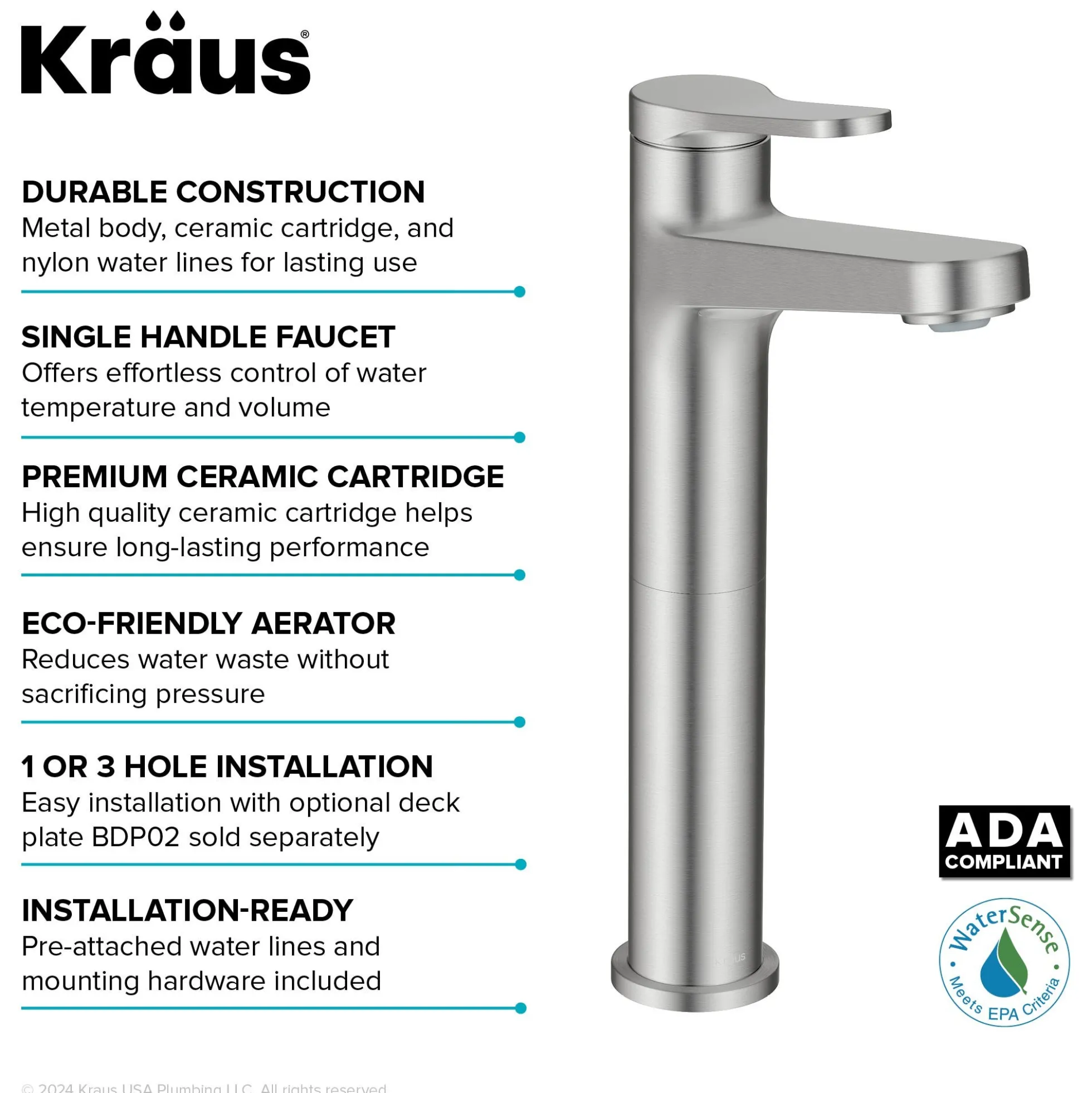 Single Handle Vessel Bathroom Faucet in Spot-Free Brushed Nickel with Pop Up Drain and Supply Lines