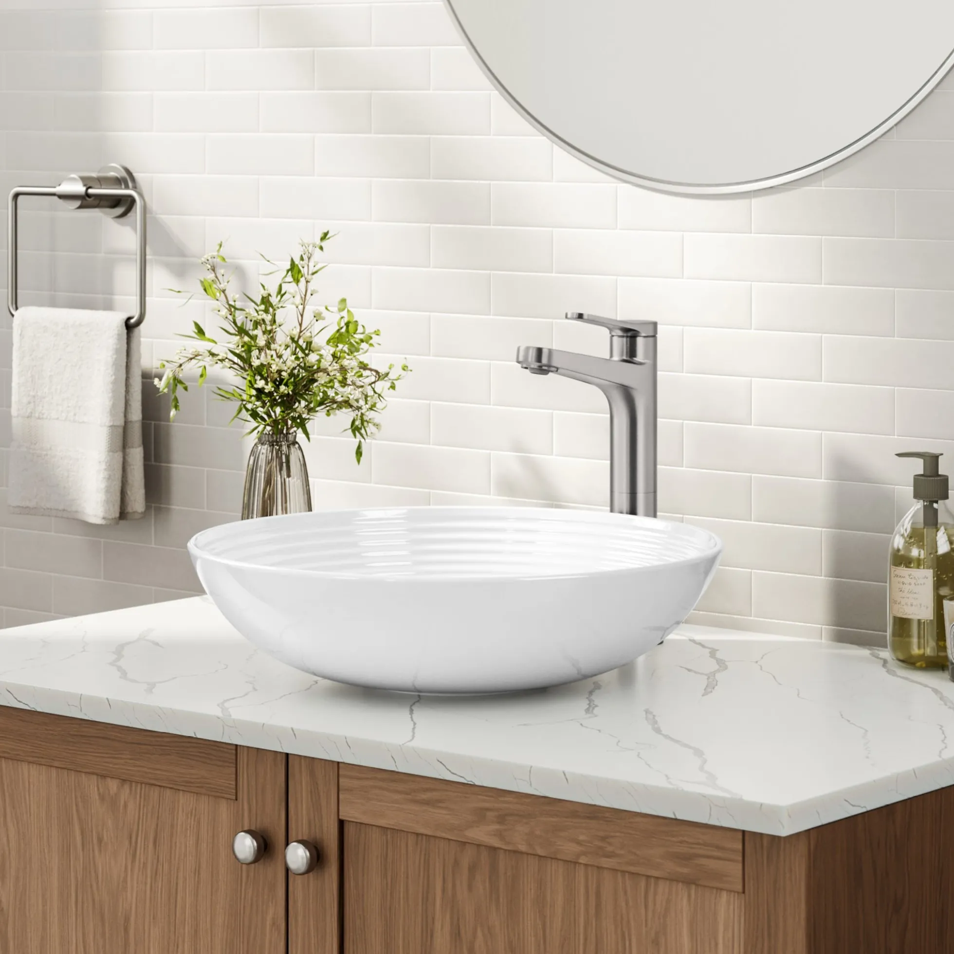 Single Handle Vessel Bathroom Faucet in Spot-Free Brushed Nickel with Pop Up Drain and Supply Lines