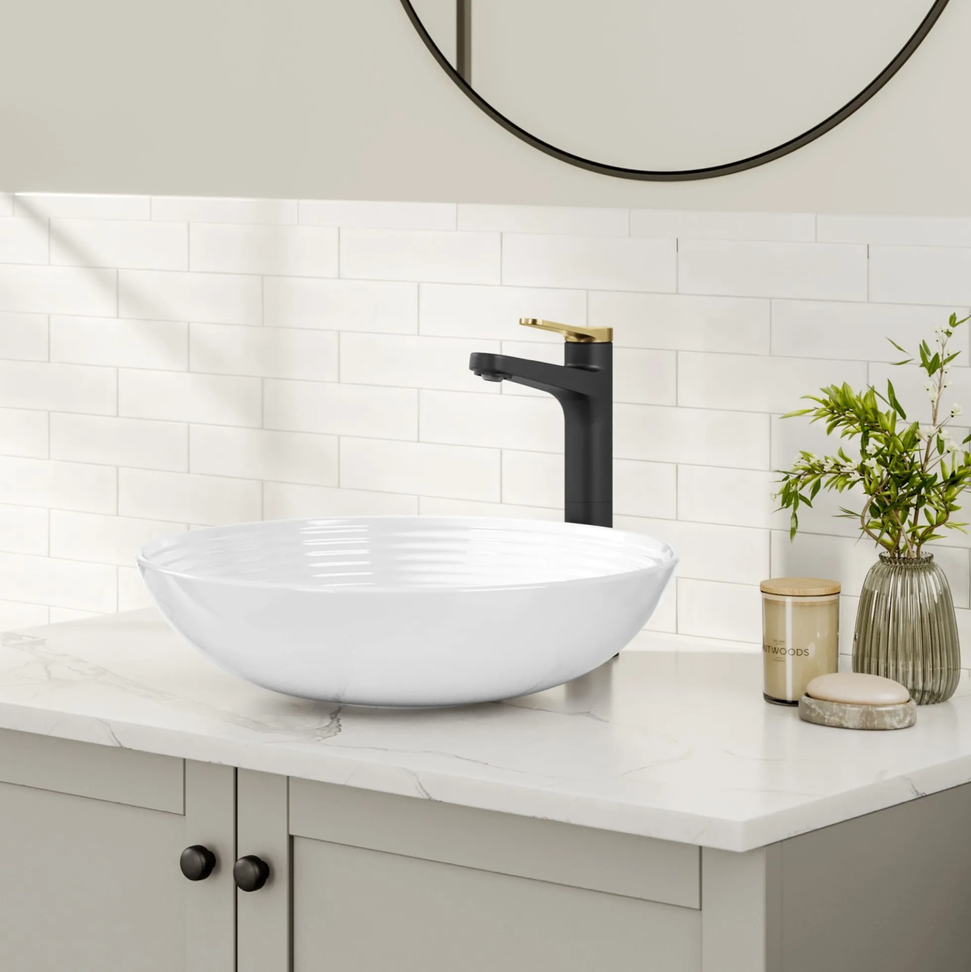 Single Handle Vessel Bathroom Faucet in Spot-Free Brushed Brass / Matte Black with Pop Up Drain and Supply Lines