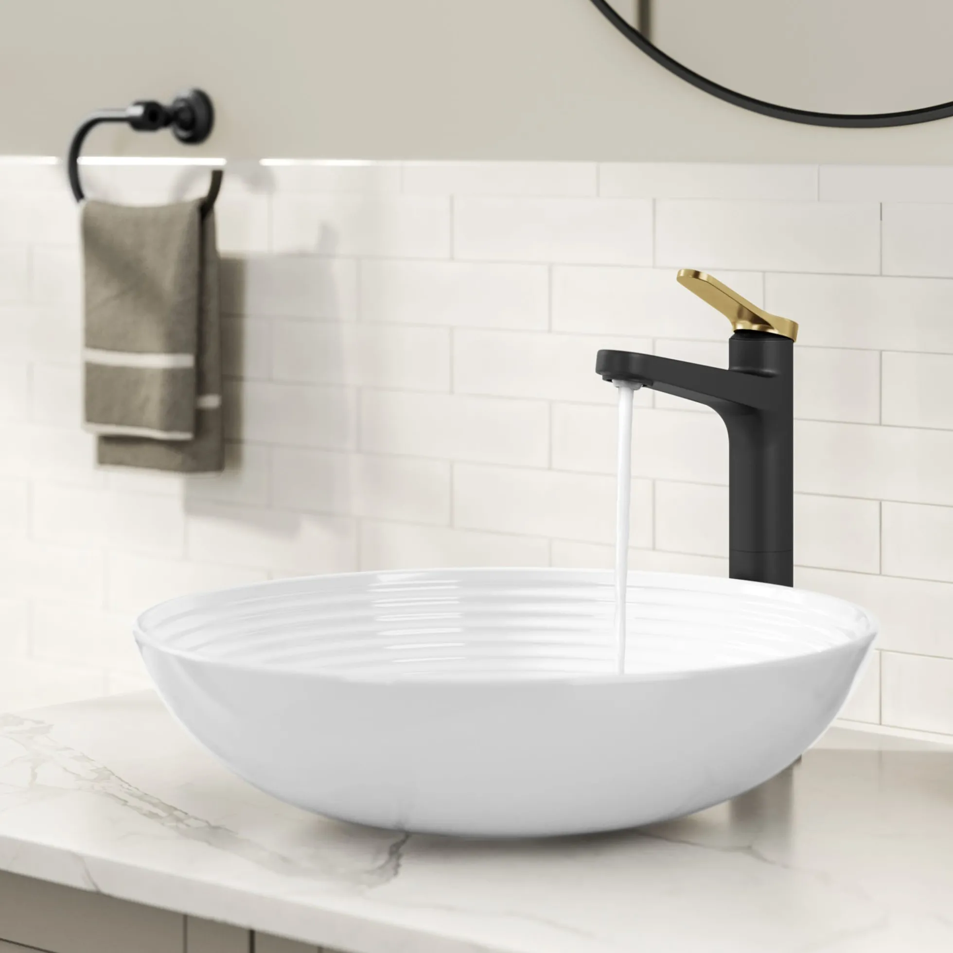 Single Handle Vessel Bathroom Faucet in Spot-Free Brushed Brass / Matte Black with Pop Up Drain and Supply Lines