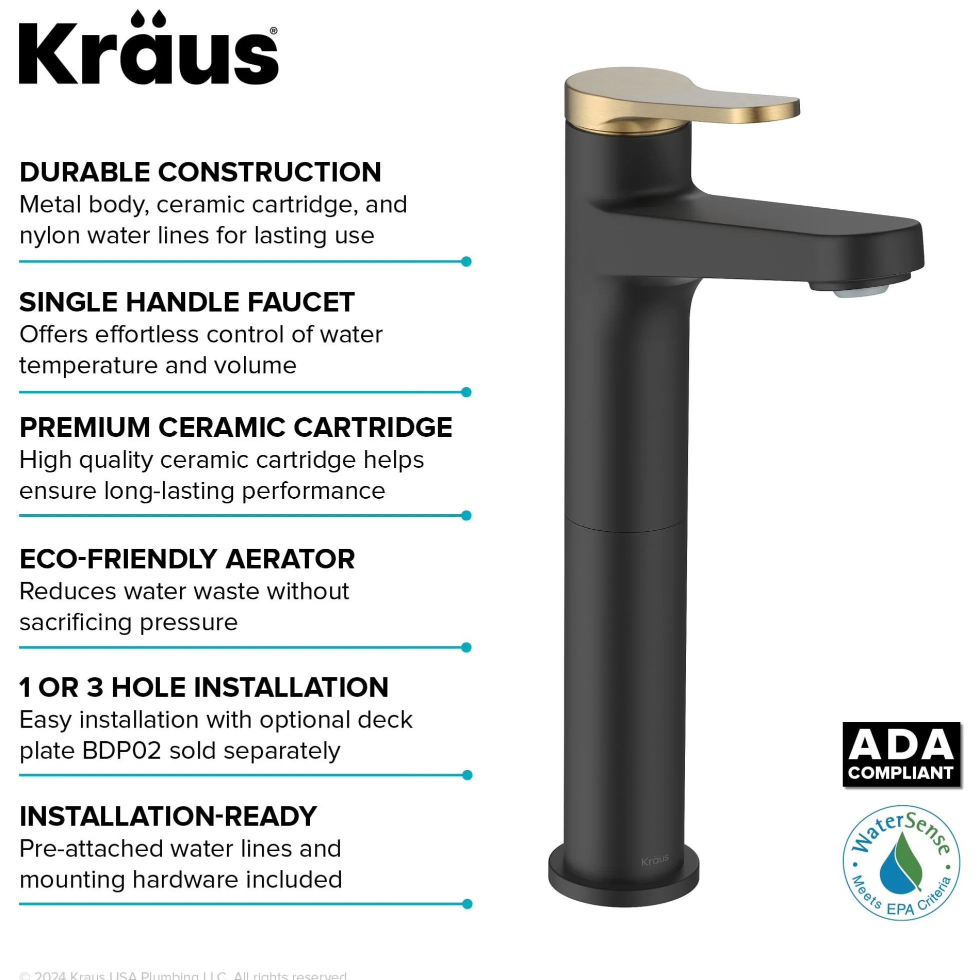 Single Handle Vessel Bathroom Faucet in Spot-Free Brushed Brass / Matte Black with Pop Up Drain and Supply Lines