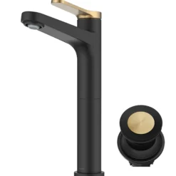 Single Handle Vessel Bathroom Faucet in Spot-Free Brushed Brass / Matte Black with Pop Up Drain and Supply Lines