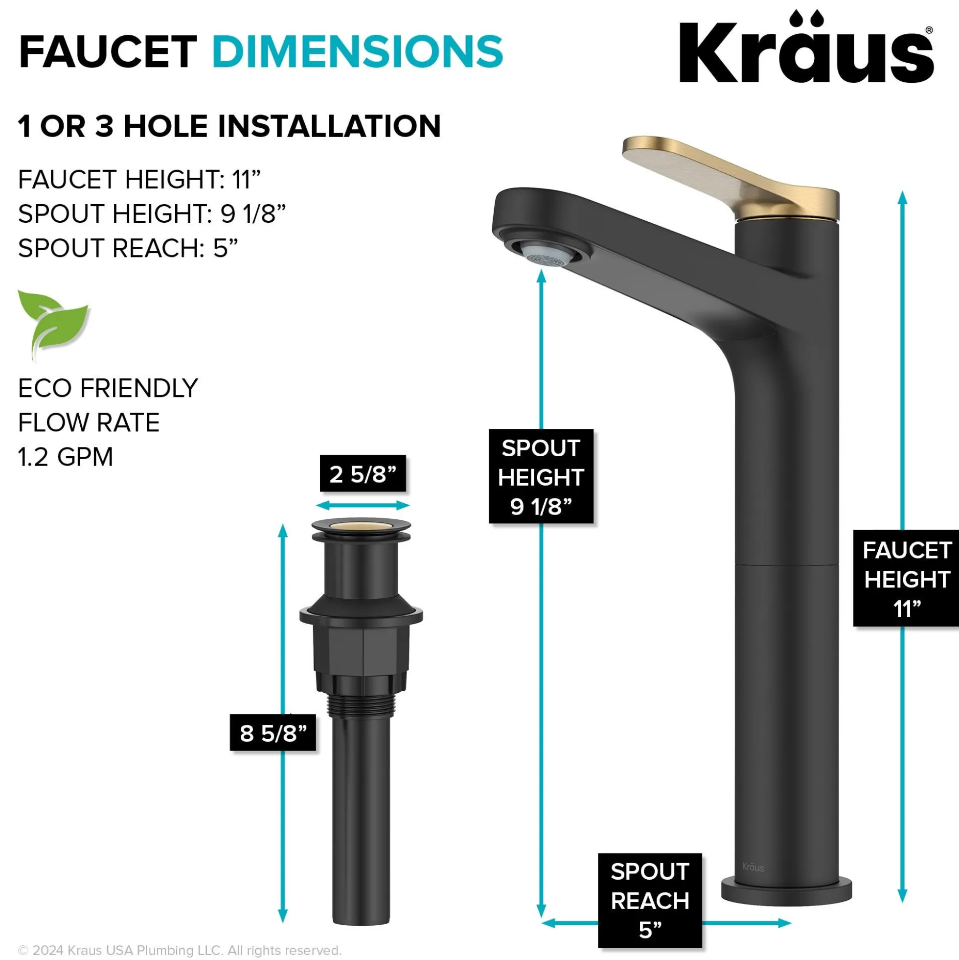 Single Handle Vessel Bathroom Faucet in Spot-Free Brushed Brass / Matte Black with Pop Up Drain and Supply Lines
