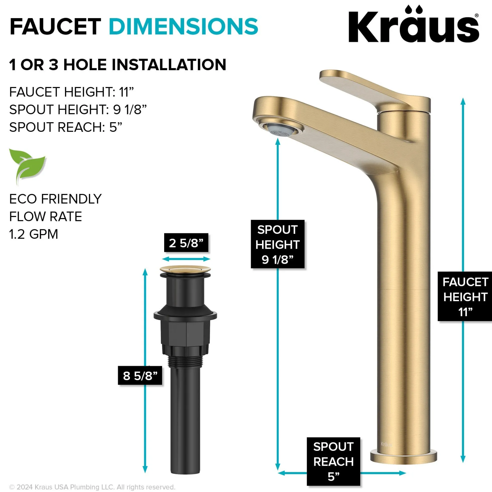 Single Handle Vessel Bathroom Faucet in Spot-Free Brushed Brass with Pop Up Drain and Supply Lines