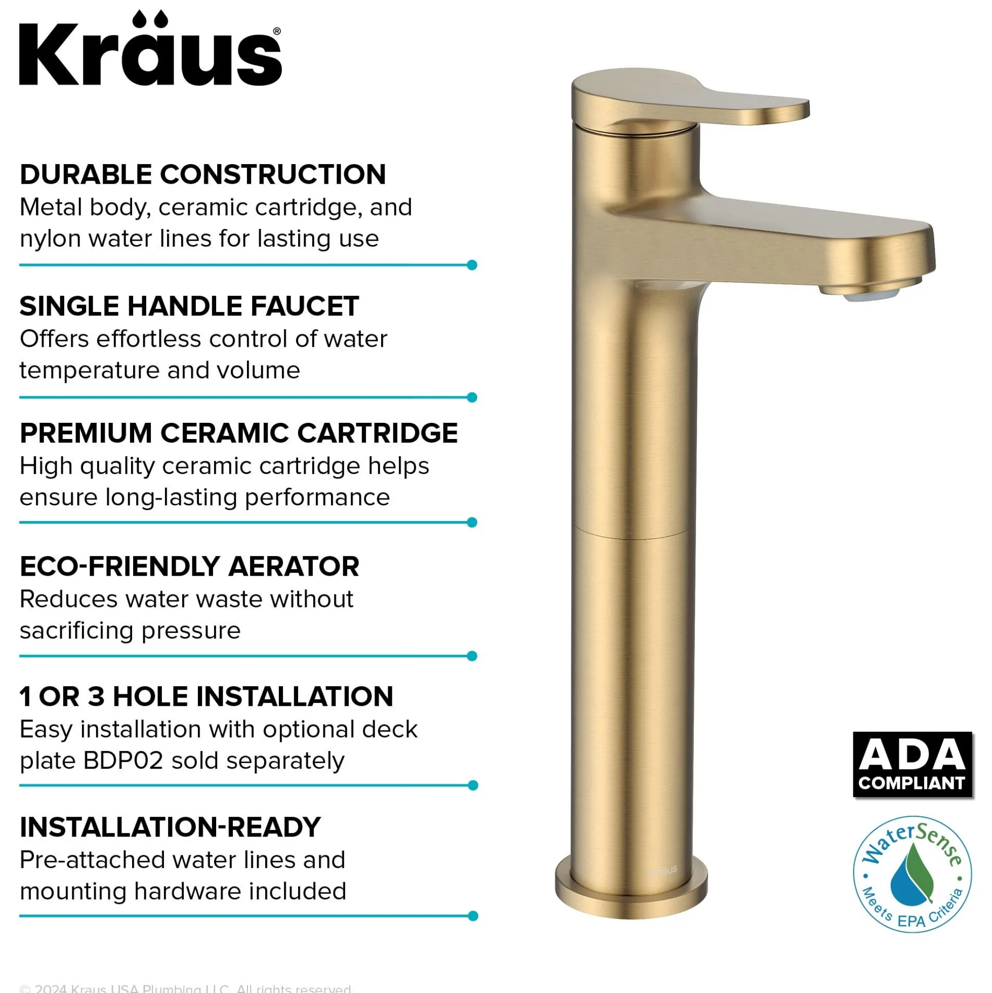 Single Handle Vessel Bathroom Faucet in Spot-Free Brushed Brass with Pop Up Drain and Supply Lines