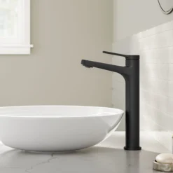 Single Handle Vessel Bathroom Faucet in Matte Black with Pop Up Drain and Supply Lines
