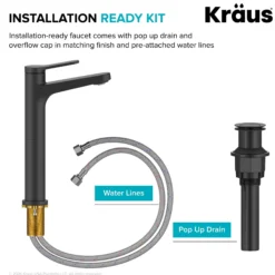 Single Handle Vessel Bathroom Faucet in Matte Black with Pop Up Drain and Supply Lines