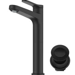 Single Handle Vessel Bathroom Faucet in Matte Black with Pop Up Drain and Supply Lines