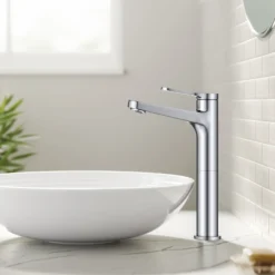 Single Handle Vessel Bathroom Faucet in Chrome with Pop Up Drain and Supply Lines