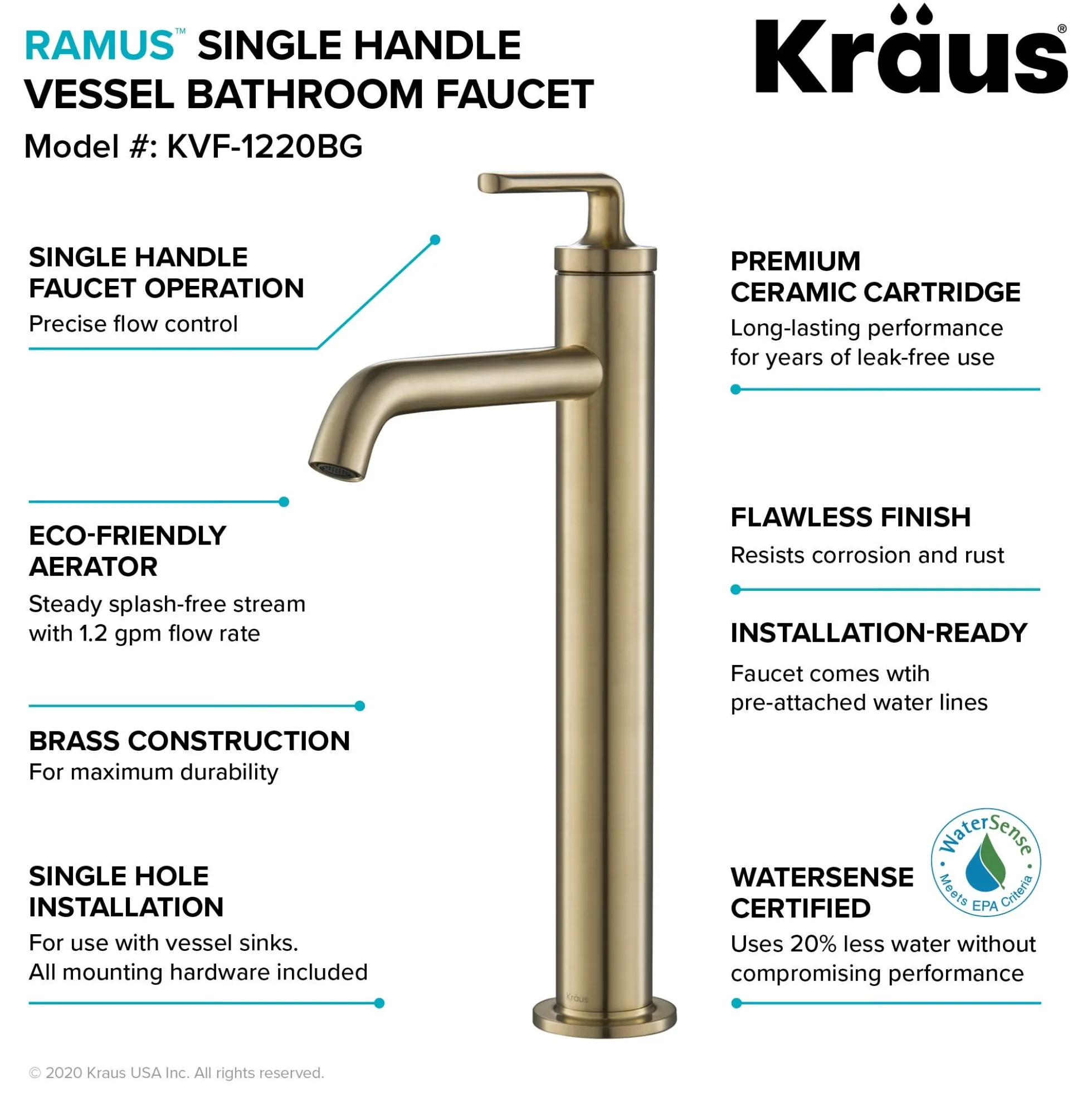 Single Handle Vessel Bathroom Faucet with Pop-Up Drain in Brushed Gold (2-Pack)