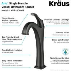 Single Handle Vessel Bathroom Faucet with Pop-Up Drain in Matte Black (2-Pack)