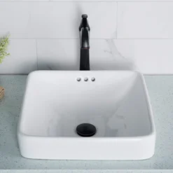 16 1/2" Square Semi-Recessed Ceramic Bathroom Sink in White with Overflow Drain