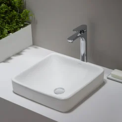 16 1/2" Square Semi-Recessed Ceramic Bathroom Sink in White with Pop-Up Drain in Brushed Nickel